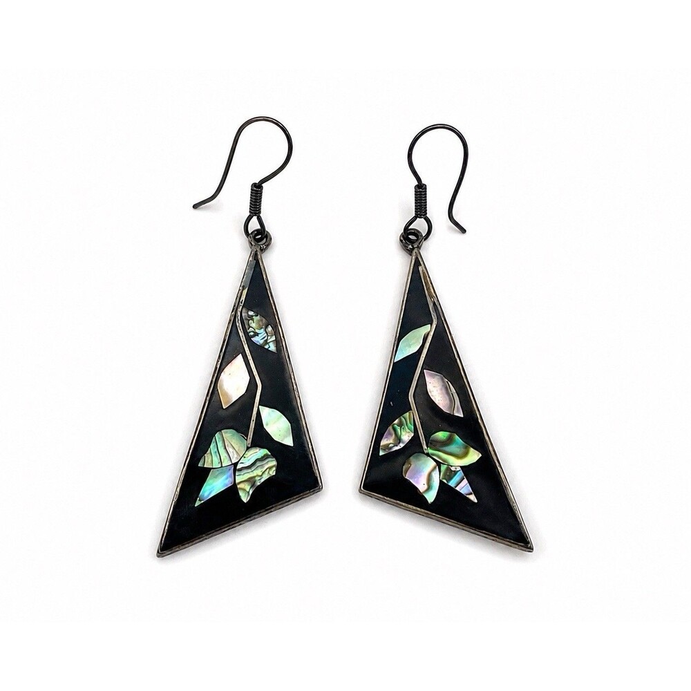 Vintage Mexico 925 Sterling Silver Abalone Inlay Triangle Dangle Earrings